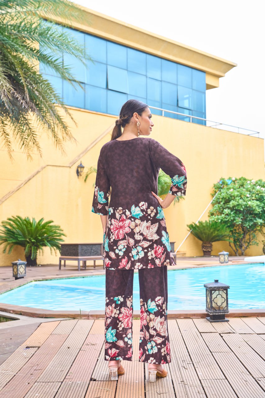 Pramukh Fab Dark Brown Color Cotton Co-ord Set | Grocsy