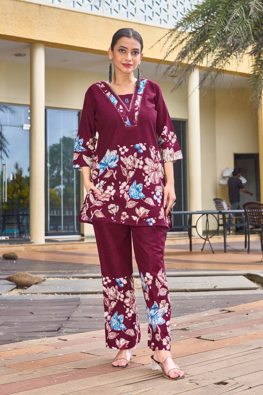 Pramukh Fab Maroon Color Cotton Co-ord Set | Grocsy