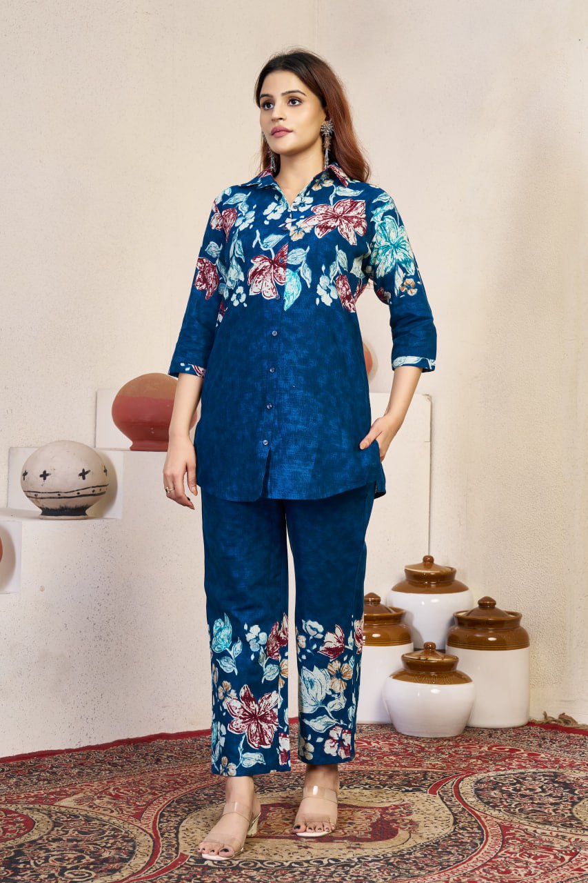 Pramukh Fab Teal Color Cotton Co-ord Set | Grocsy