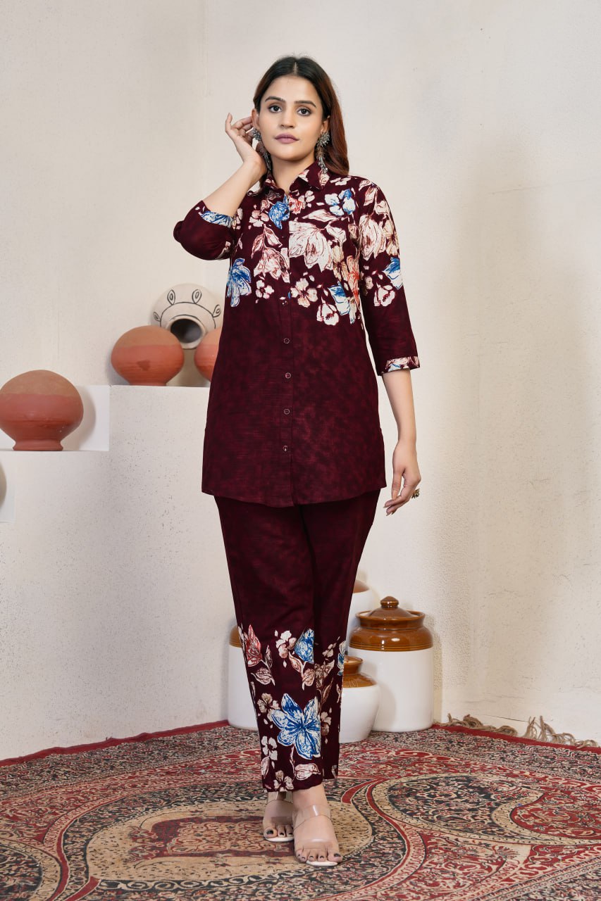 Pramukh Fab Maroon Color Cotton Co-ord Set | Grocsy