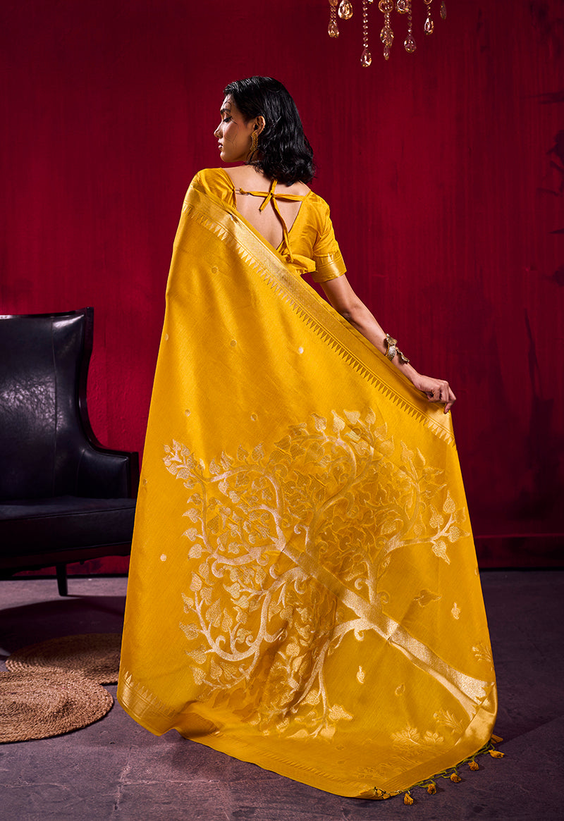 Monjolika Fashion Mustard Weaving Satin Linen Silk Saree | Grocsy