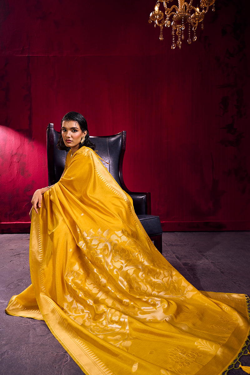 Monjolika Fashion Mustard Weaving Satin Linen Silk Saree | Grocsy