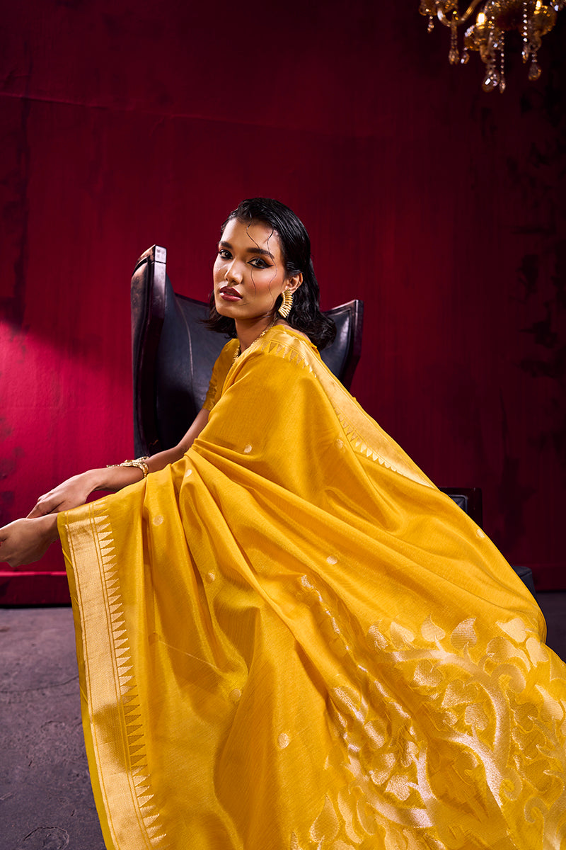 Monjolika Fashion Mustard Weaving Satin Linen Silk Saree | Grocsy