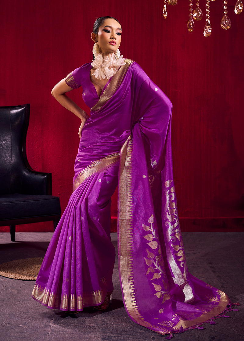 Monjolika Fashion Purple Weaving Satin Linen Silk Saree | Grocsy