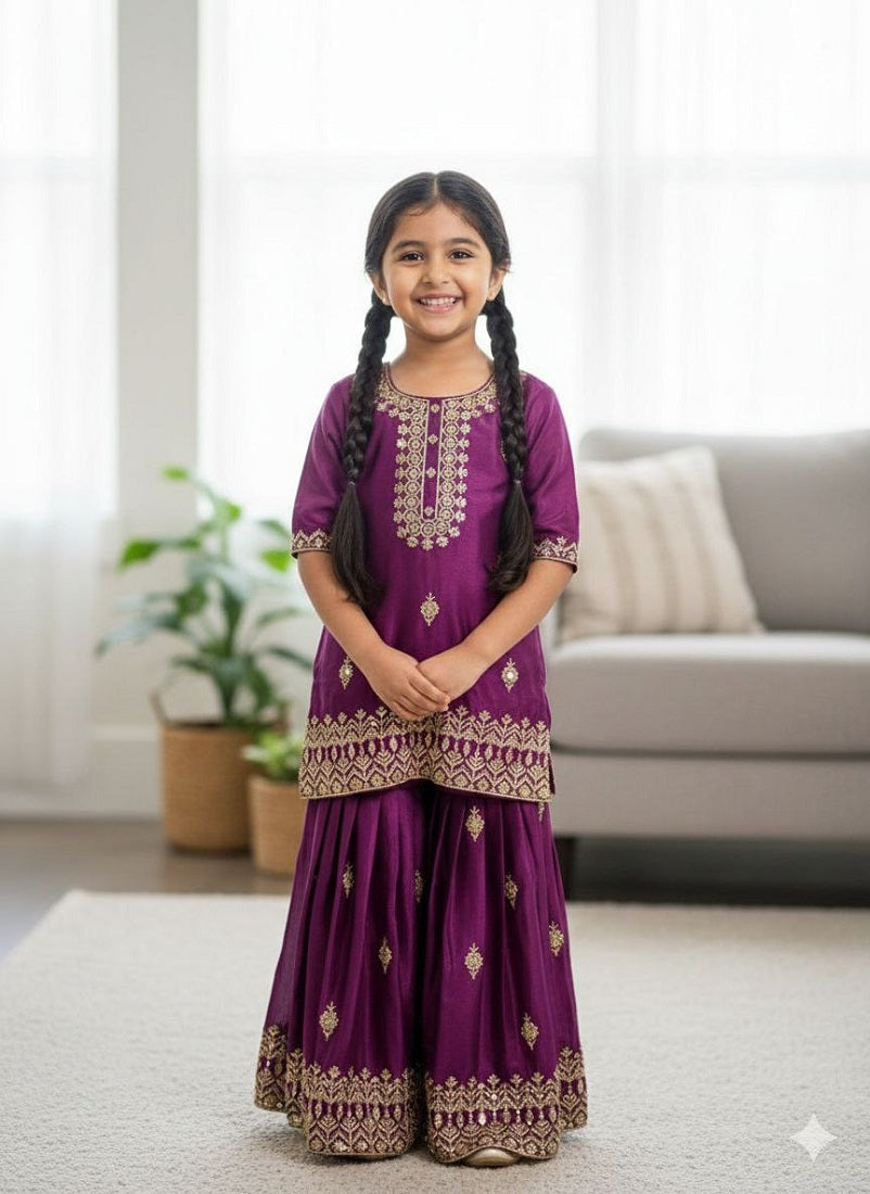 Evanik Purple Designer Party Wear Look Kids Top Sharara & Dupata | Grocsy