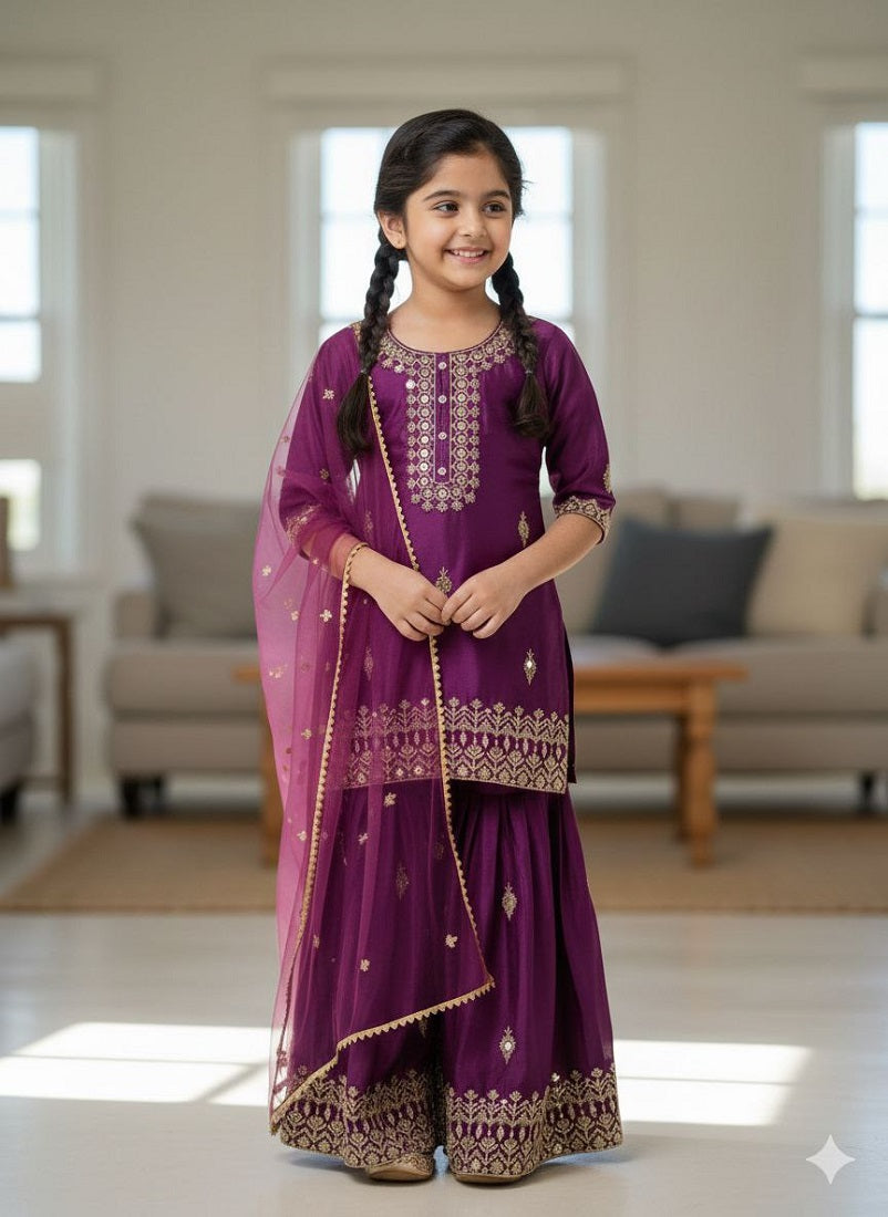 Evanik Purple Designer Party Wear Look Kids Top Sharara & Dupata | Grocsy