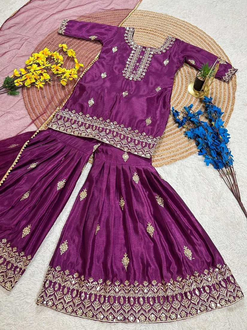 Evanik Purple Designer Party Wear Look Kids Top Sharara & Dupata | Grocsy