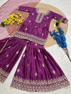 Evanik Purple Designer Party Wear Look Kids Top Sharara & Dupata | Grocsy