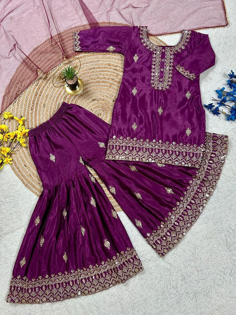 Evanik Purple Designer Party Wear Look Kids Top Sharara & Dupata | Grocsy