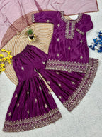 Evanik Purple Designer Party Wear Look Kids Top Sharara & Dupata | Grocsy