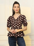 Yufta Brown Cotton Polka Dot Brown Tie Up Peplum Top | Grocsy