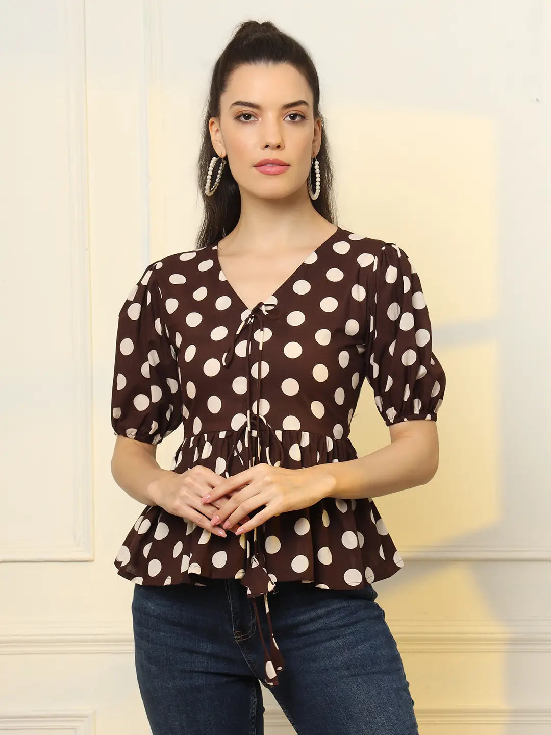 Yufta Brown Cotton Polka Dot Brown Tie Up Peplum Top | Grocsy