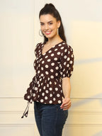 Yufta Brown Cotton Polka Dot Brown Tie Up Peplum Top | Grocsy