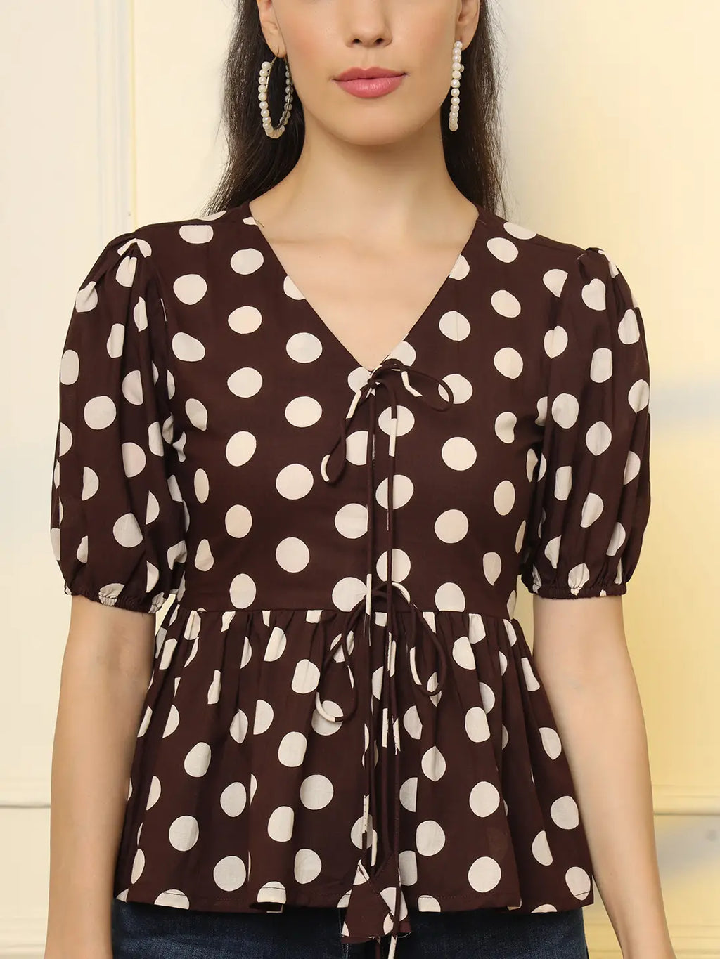 Yufta Brown Cotton Polka Dot Brown Tie Up Peplum Top | Grocsy