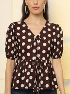 Yufta Brown Cotton Polka Dot Brown Tie Up Peplum Top | Grocsy