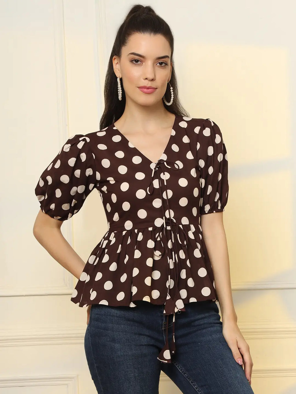 Yufta Brown Cotton Polka Dot Brown Tie Up Peplum Top | Grocsy