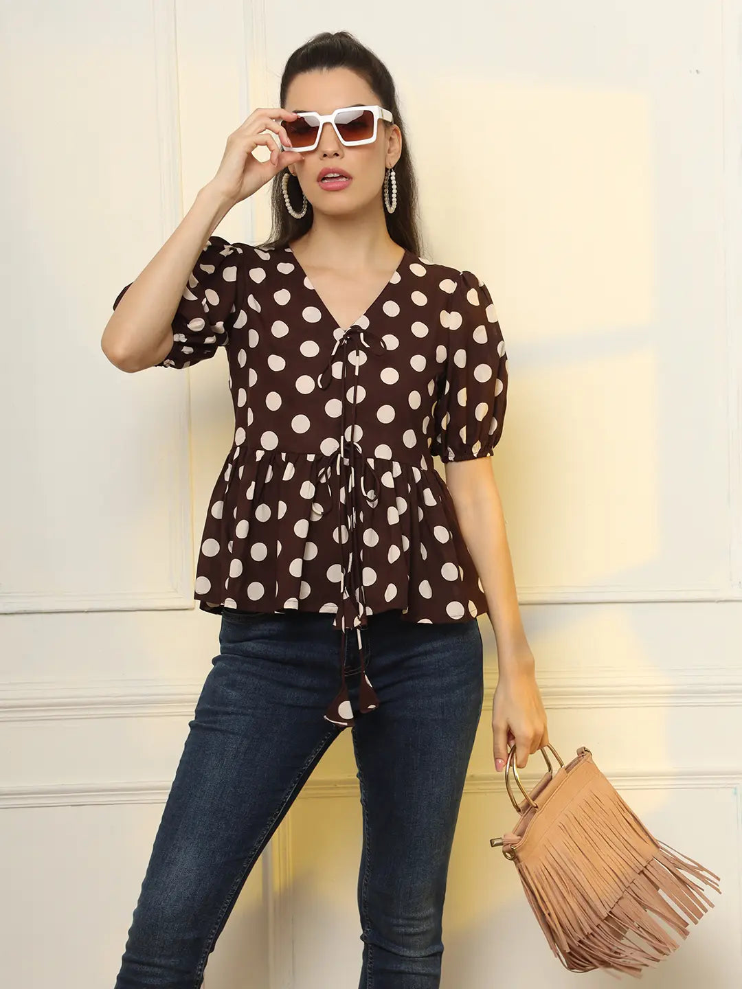 Yufta Brown Cotton Polka Dot Brown Tie Up Peplum Top | Grocsy