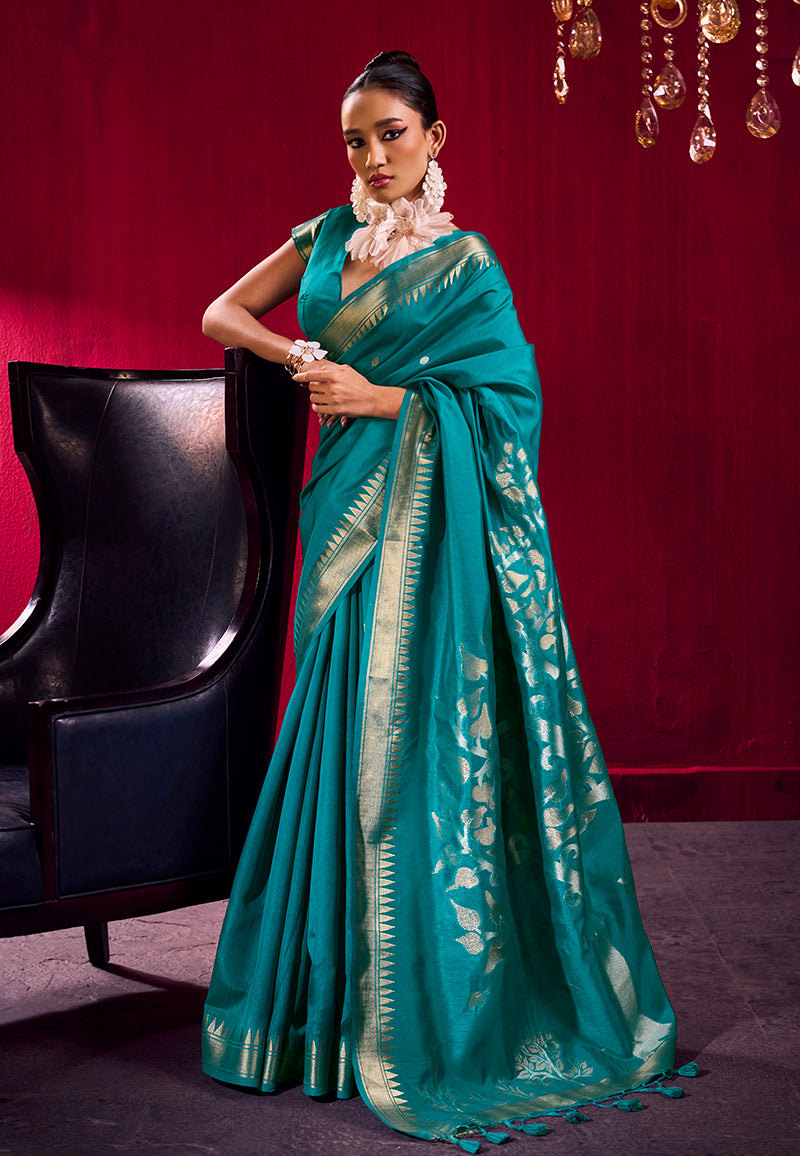 Monjolika Fashion Teal Weaving Satin Linen Silk Saree | Grocsy