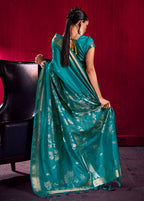 Monjolika Fashion Teal Weaving Satin Linen Silk Saree | Grocsy