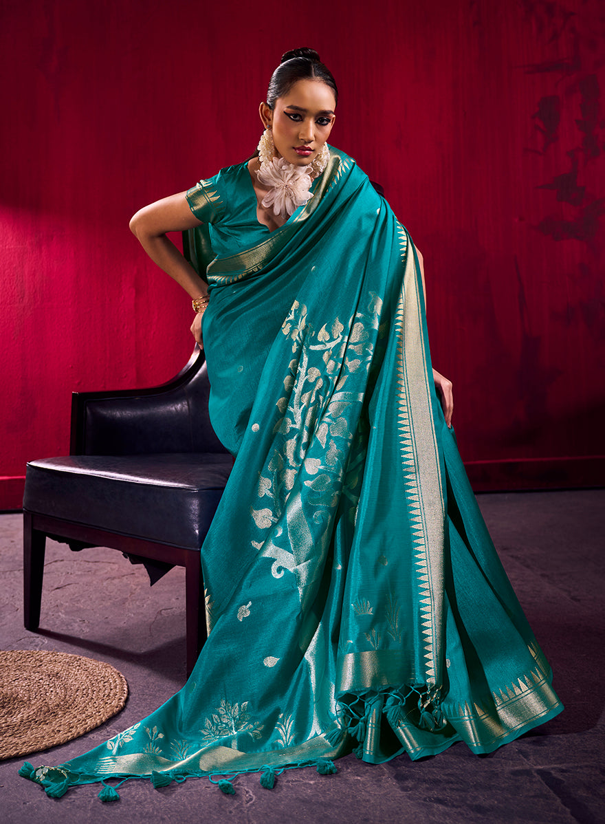 Monjolika Fashion Teal Weaving Satin Linen Silk Saree | Grocsy