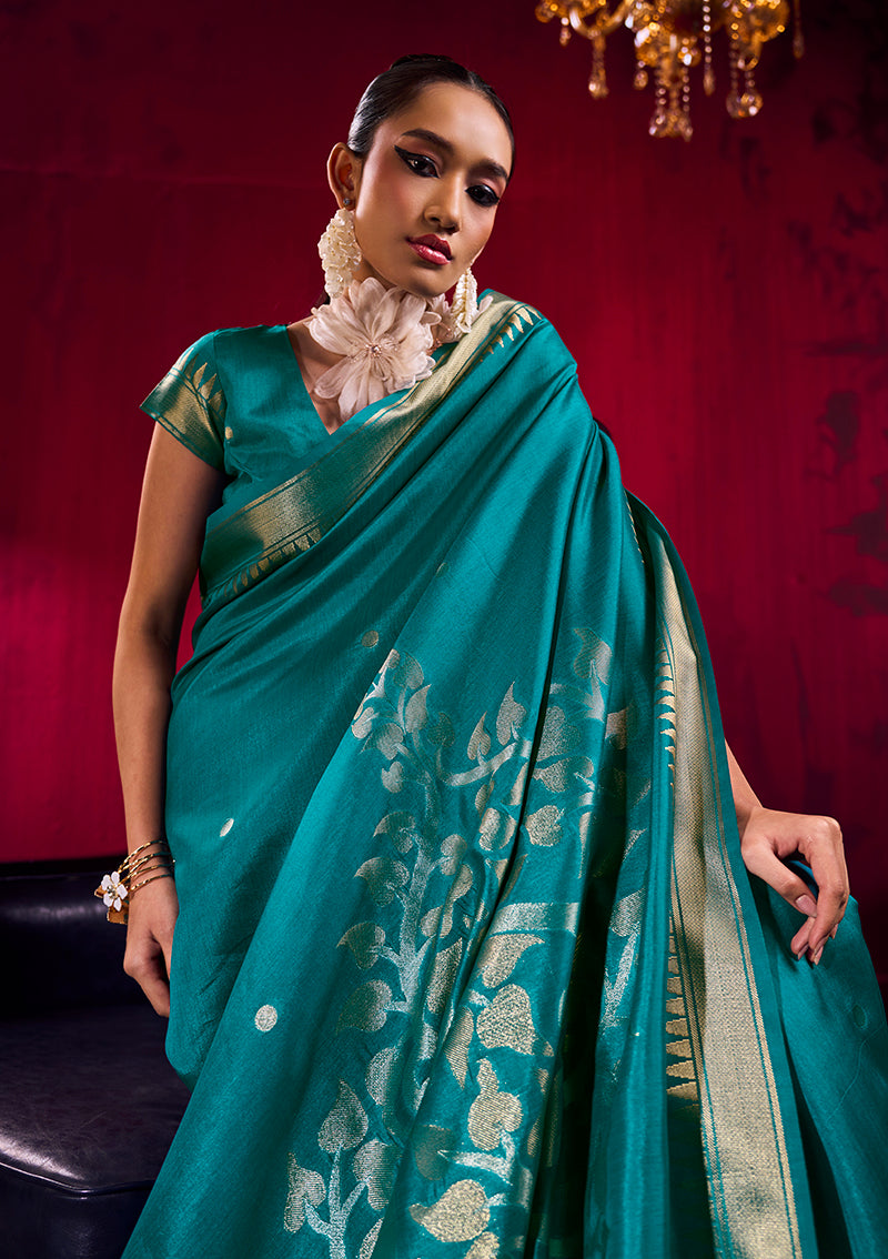 Monjolika Fashion Teal Weaving Satin Linen Silk Saree | Grocsy