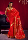 Monjolika Fashion Red Weaving Satin Linen Silk Saree | Grocsy
