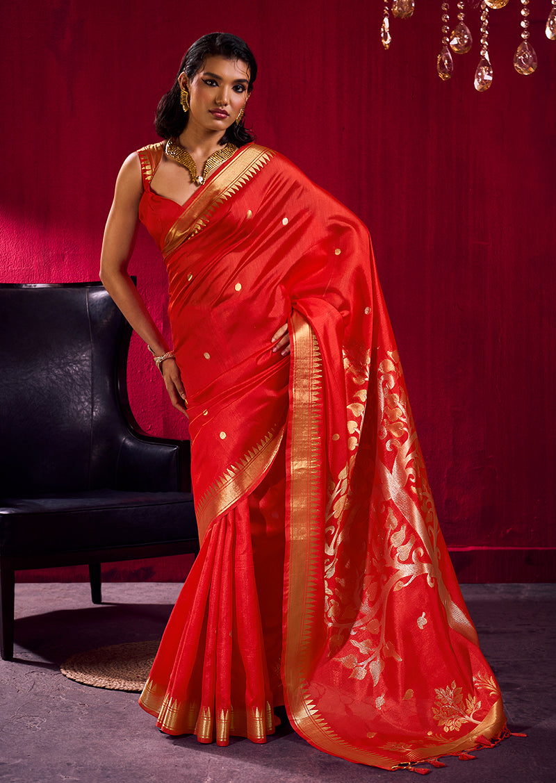 Monjolika Fashion Red Weaving Satin Linen Silk Saree | Grocsy