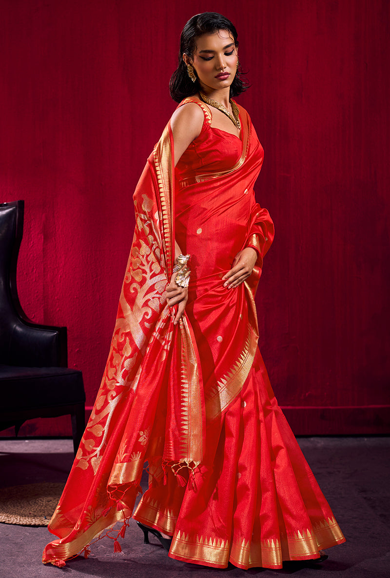 Monjolika Fashion Red Weaving Satin Linen Silk Saree | Grocsy