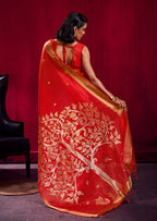 Monjolika Fashion Red Weaving Satin Linen Silk Saree | Grocsy