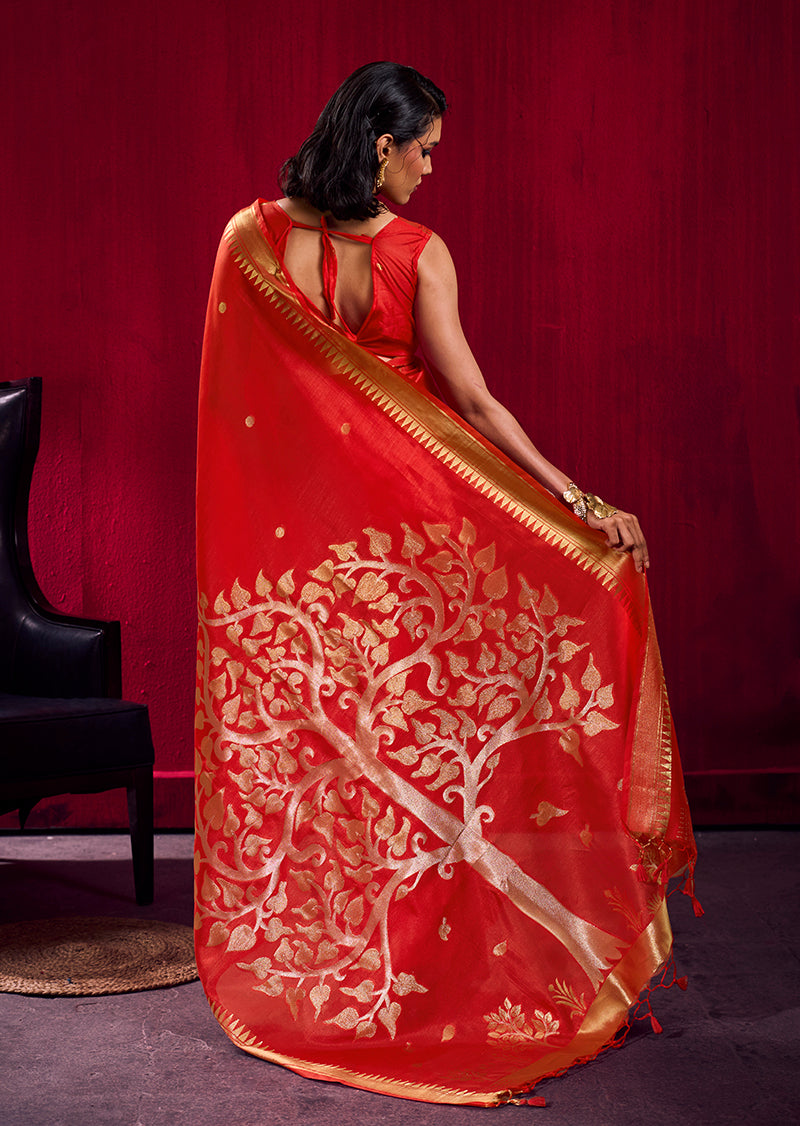 Monjolika Fashion Red Weaving Satin Linen Silk Saree | Grocsy