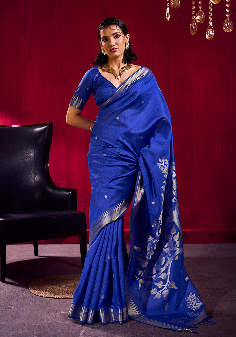 Monjolika Fashion Royal Blue Weaving Satin Linen Silk Saree | Grocsy