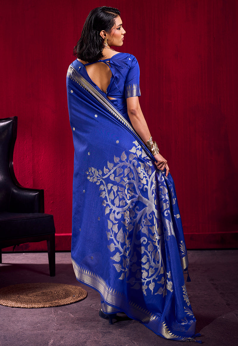 Monjolika Fashion Royal Blue Weaving Satin Linen Silk Saree | Grocsy