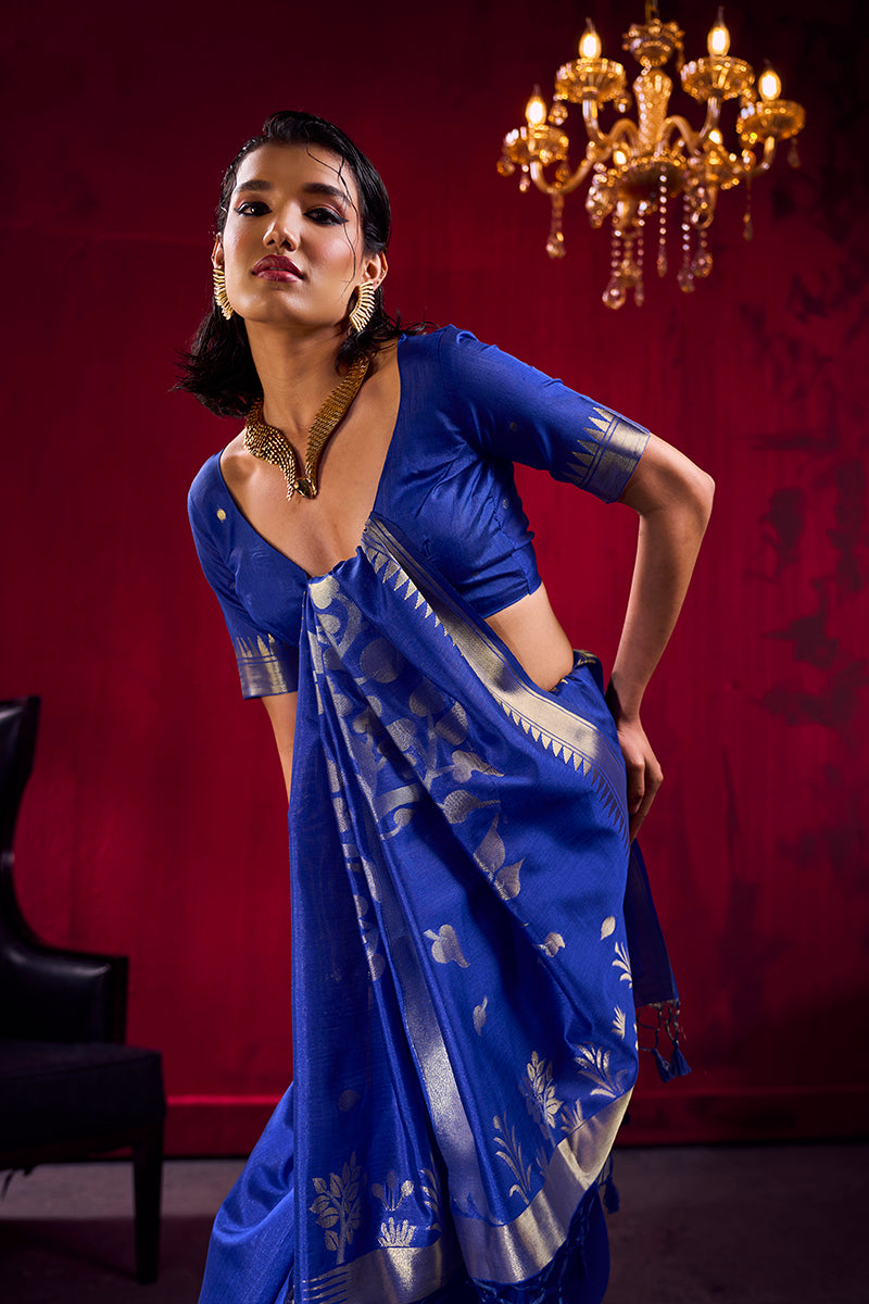 Monjolika Fashion Royal Blue Weaving Satin Linen Silk Saree | Grocsy