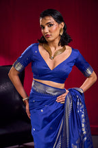 Monjolika Fashion Royal Blue Weaving Satin Linen Silk Saree | Grocsy