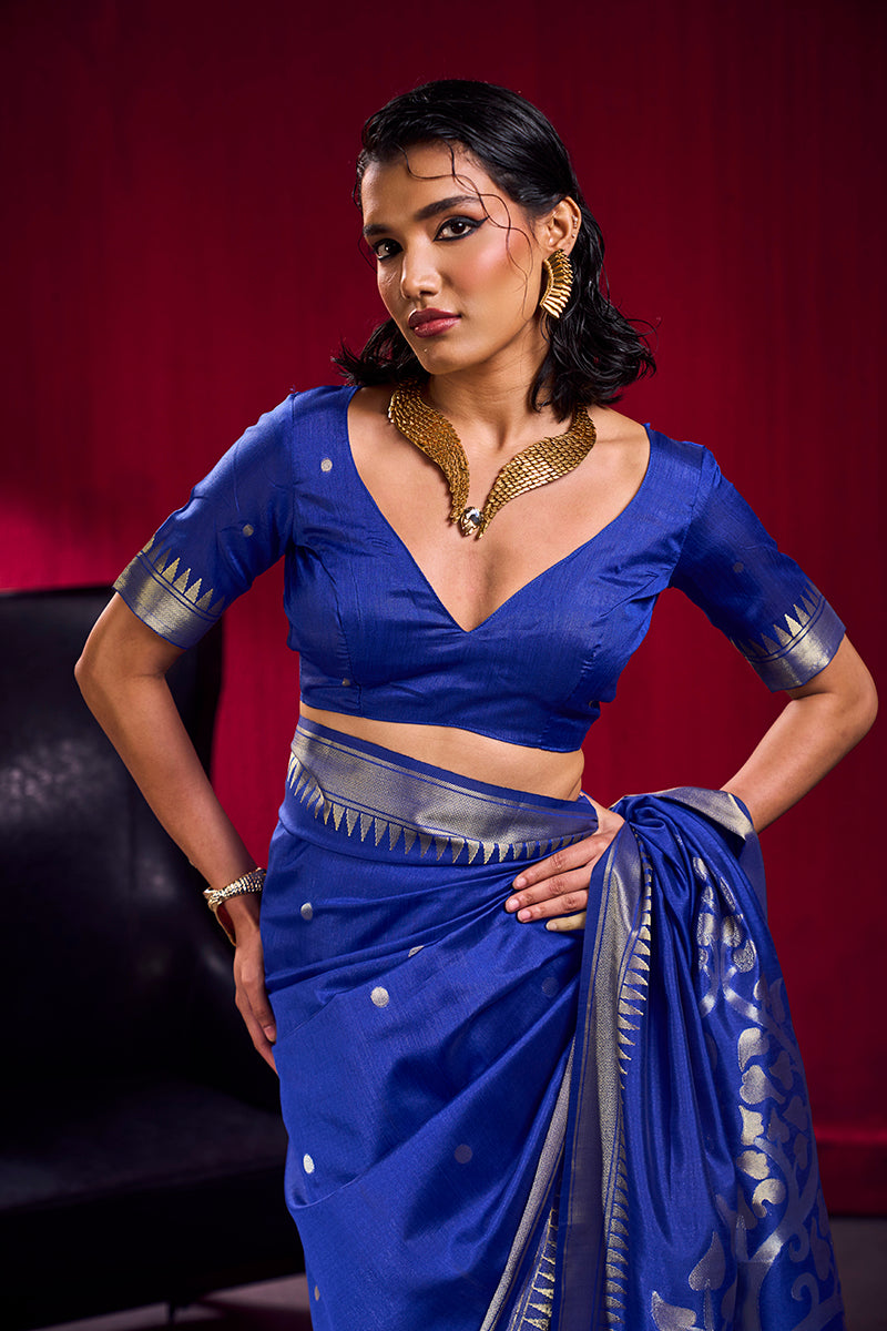 Monjolika Fashion Royal Blue Weaving Satin Linen Silk Saree | Grocsy