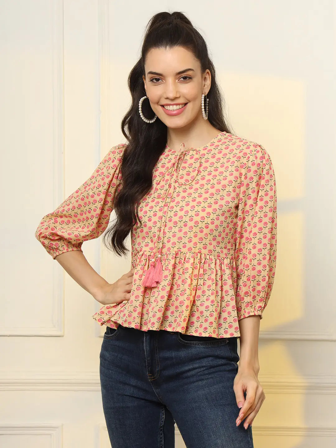 Yufta Cotton Yellow And Pink Floral Tie Up Top | Grocsy