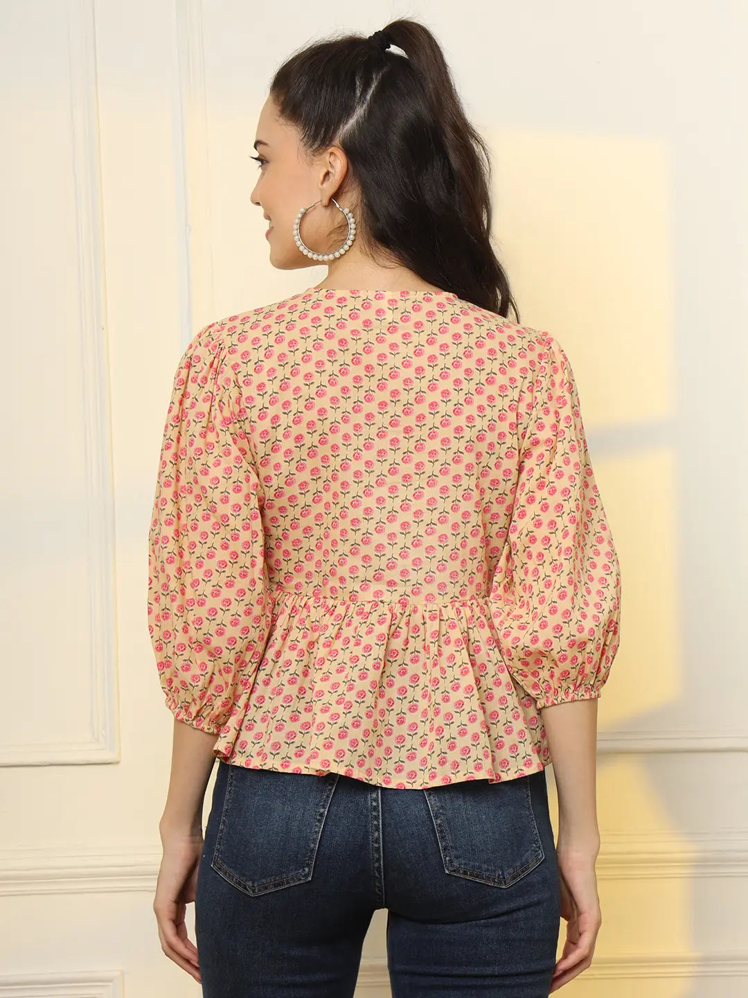 Yufta Cotton Yellow And Pink Floral Tie Up Top | Grocsy