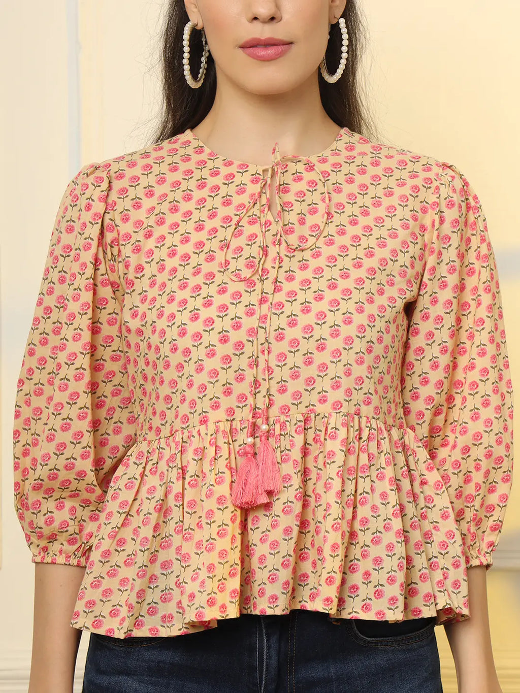 Yufta Cotton Yellow And Pink Floral Tie Up Top | Grocsy
