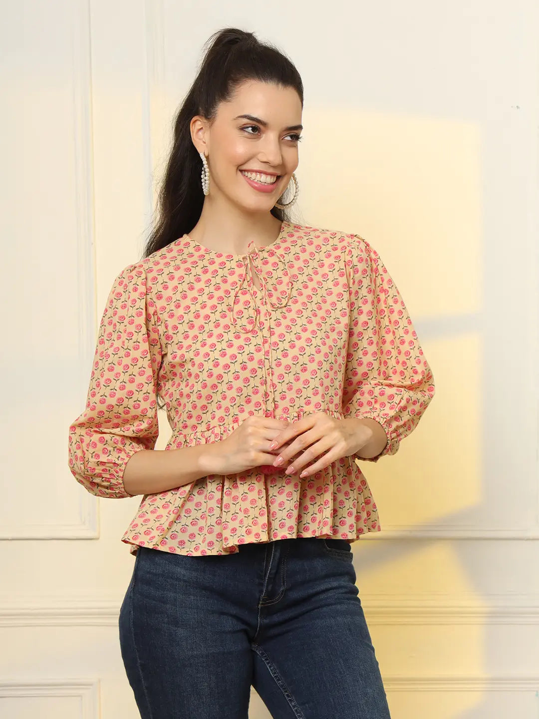 Yufta Cotton Yellow And Pink Floral Tie Up Top | Grocsy