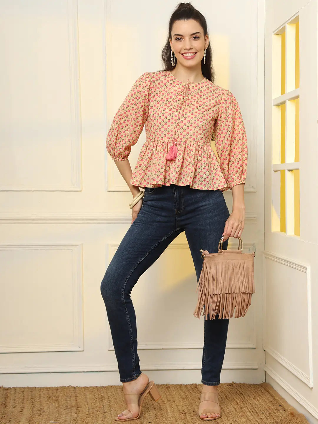 Yufta Cotton Yellow And Pink Floral Tie Up Top | Grocsy