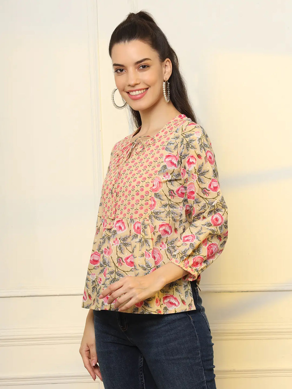 Yufta Cotton Yellow Floral Tie Up Top | Grocsy