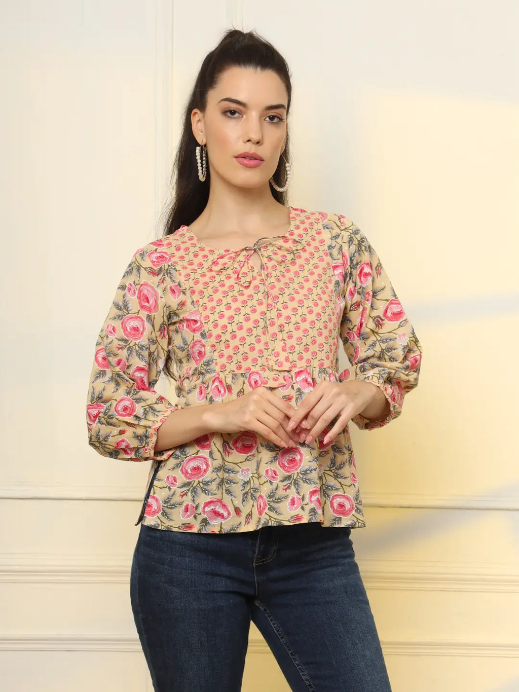 Yufta Cotton Yellow Floral Tie Up Top | Grocsy