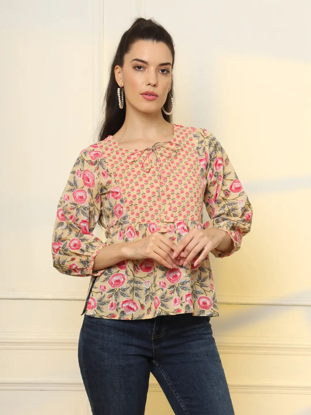 Yufta Cotton Yellow Floral Tie Up Top | Grocsy