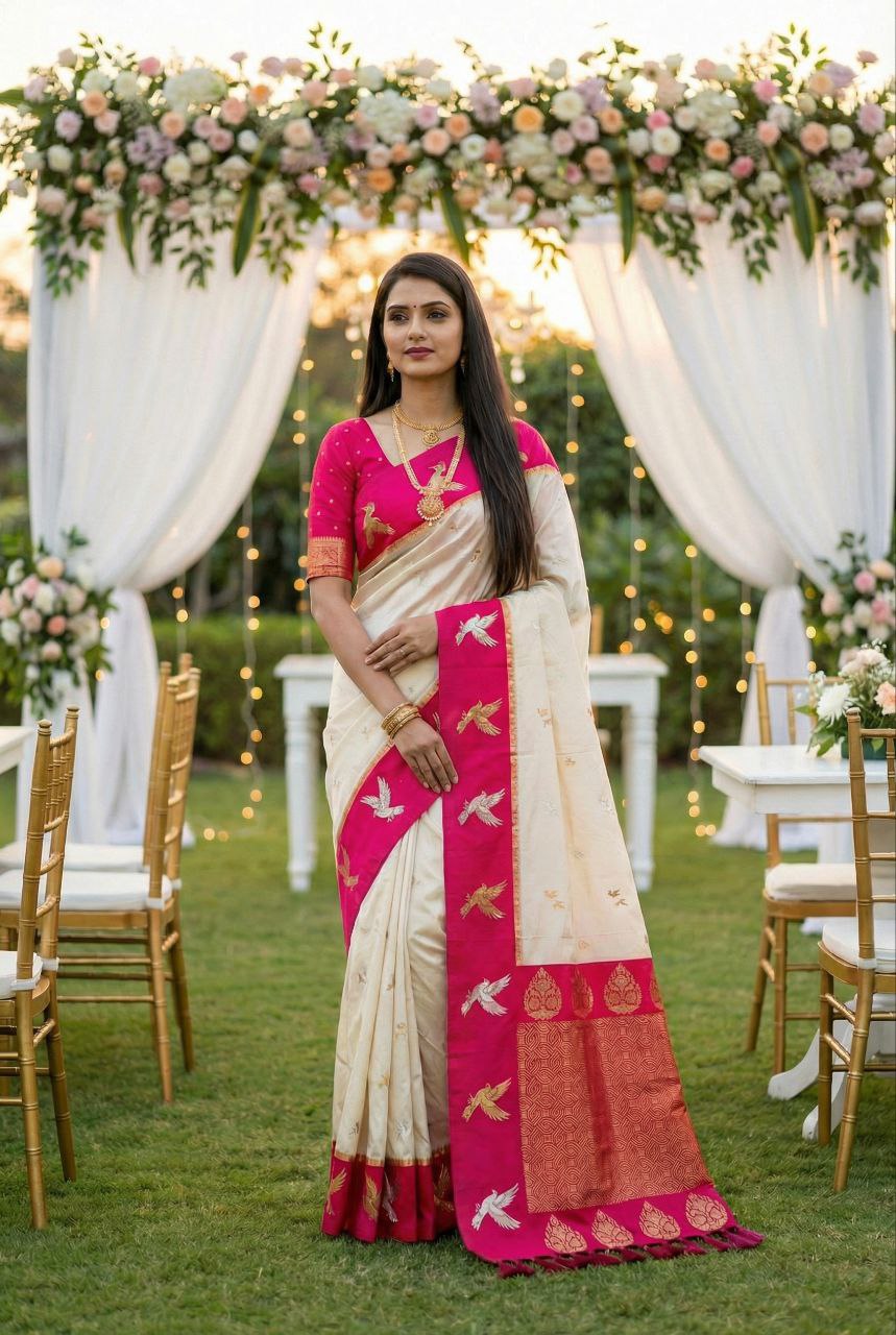 Mameraa Sarees White Soft Silk Blend Saree With Zari Weaving Meenakari Design-White | Grocsy