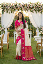 Mameraa Sarees White Soft Silk Blend Saree With Zari Weaving Meenakari Design-White | Grocsy