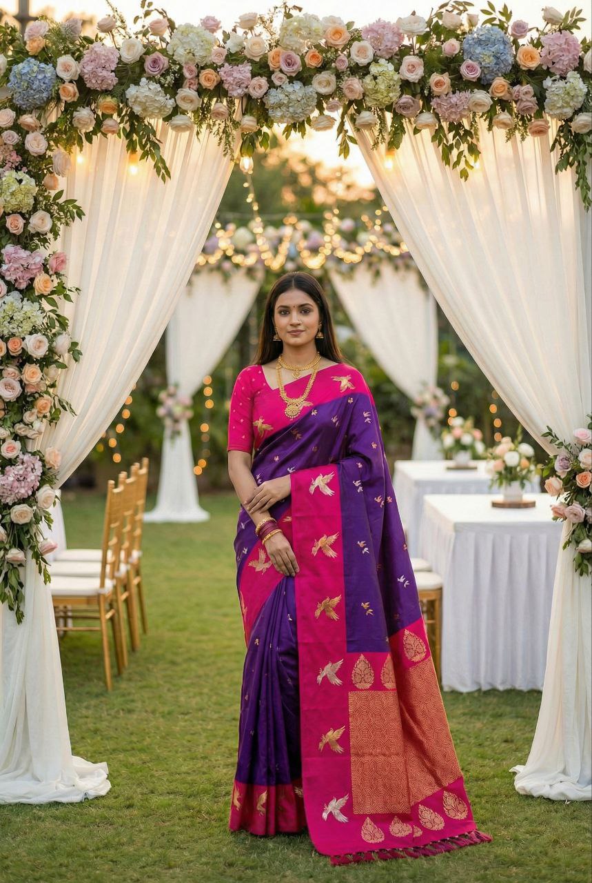 Mameraa Sarees Purple Soft Silk Blend Saree With Zari Weaving Meenakari Design-Purple | Grocsy