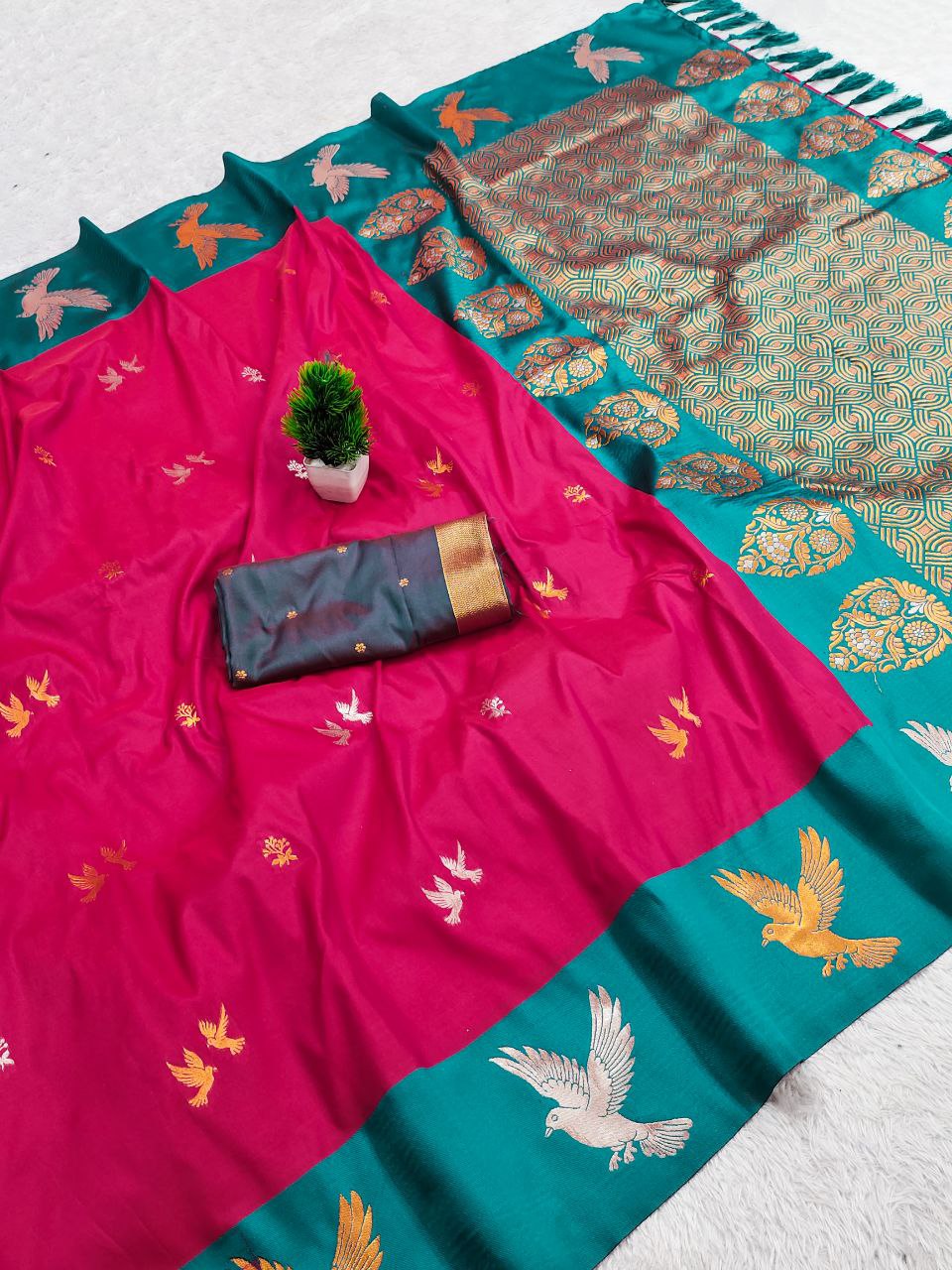 Mameraa Sarees Pink Soft Silk Blend Saree With Zari Weaving Meenakari Design-Pink | Grocsy