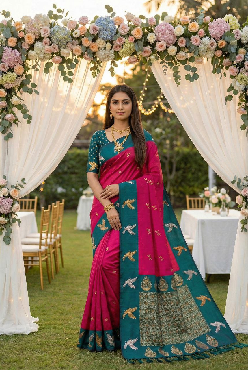 Mameraa Sarees Pink Soft Silk Blend Saree With Zari Weaving Meenakari Design-Pink | Grocsy