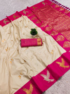 Mameraa Sarees White Soft Silk Blend Saree With Zari Weaving Meenakari Design-White | Grocsy