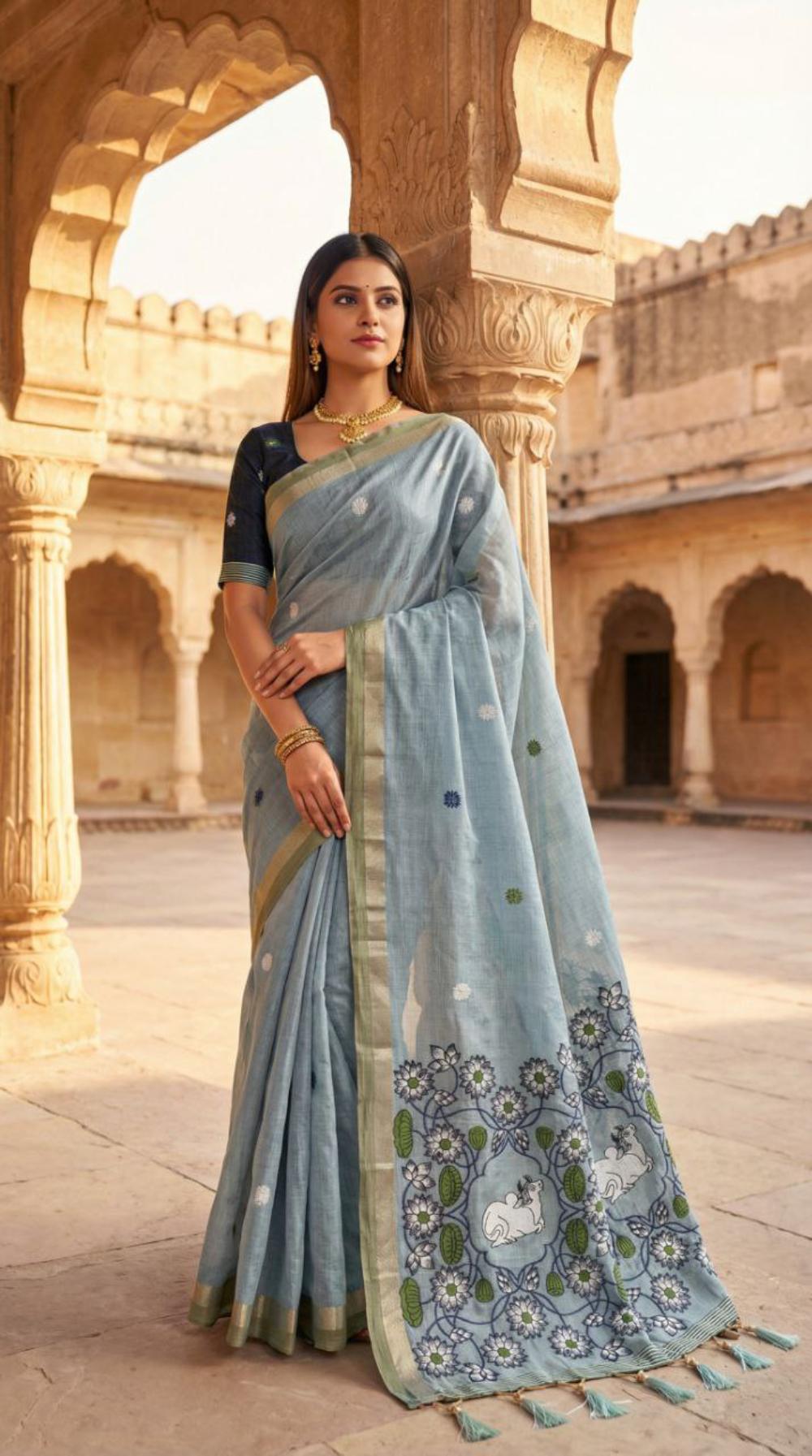 Mameraa Sarees Soft Pure Muga Cotton Saree With Meenakari Weaving Motifs And Contrast Blouse-Sky_Blue | Grocsy